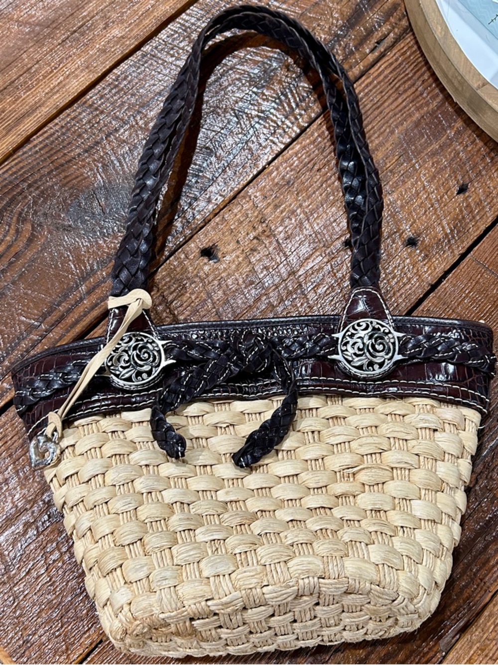 Brighton Woven Straw Shoulder Bag with Dark Brown Trim